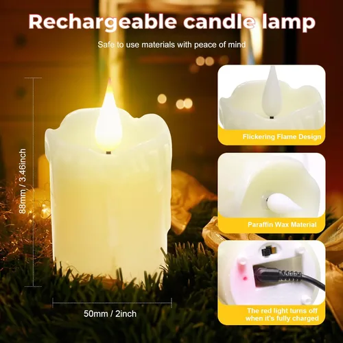 Vista 2 de 3 PZS Velas LED de Cera Real Recargables Sin Llama, Blanco Cálido, Control Remoto, D2 x H4", Brillo Ajustable Parpadeante Operadas con Batería Velas
