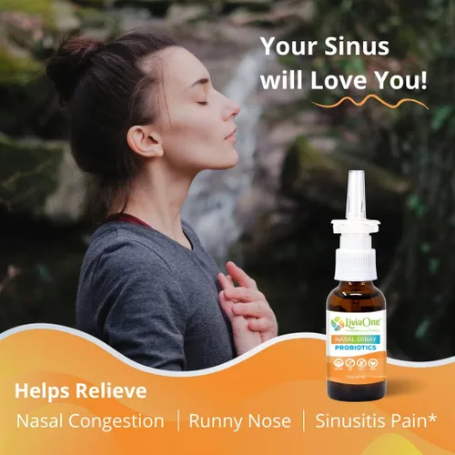 Vista 4 de LiviaOne Probióticos en aerosol nasal, alivio sinusal totalmente natural, ayuda con alergias, congestión nasal, secreción nasal y estornudos, 1 onza