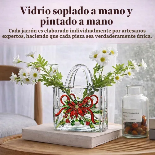 Vista 4 de Jarrón con textura floral pintado a mano, jarrón de cristal en forma de bolso de 9.1 pulgadas con patrones 3D, centro de mesa botánico engrosado