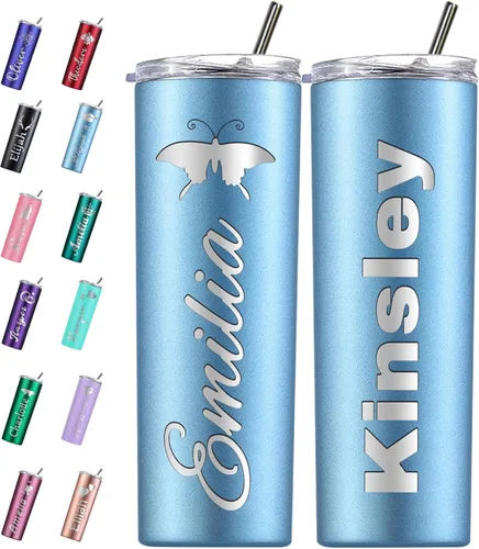 Vista 14 de Vaso personalizado personalizado con nombre grabado y logotipo, vasos delgados personalizados con tapa y pajita, vaso aislado de acero inoxidable