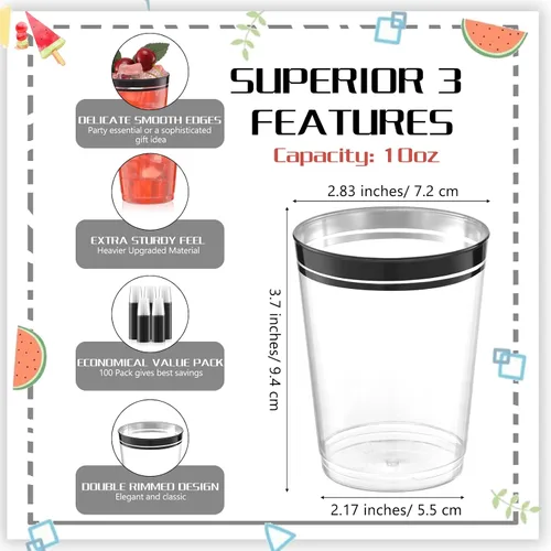 Vista 2 de Zubebe 100 vasos de plástico negro de 10 onzas para fiestas, vasos desechables de champán transparente, vasos de doble borde para Navidad