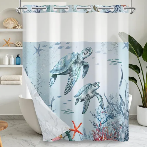 Vista 27 de No Hook Geometric Shower Curtain with Snap in Liner - 71″W x 74″L Waterproof Fabric with Mesh Top Window, Modern Abstract Triangle Design Bath
