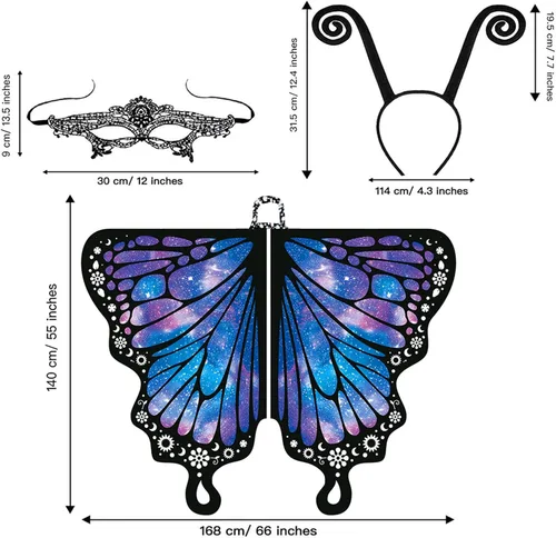 Vista 3 de Disfraz de alas de mariposa de Halloween para mujeres y niñas, capa de polilla impresa