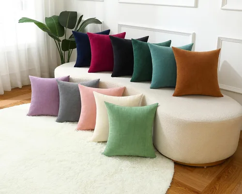 Vista 6 de Juego de 2 fundas de almohada decorativas de pana burdeos suaves y acogedoras, fundas de cojín cuadradas de chenilla para sofá, decoración de sala
