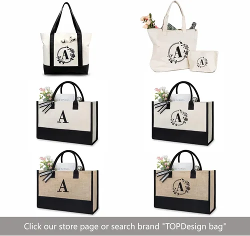 Vista 7 de TOPDesign Personalized Initial Canvas Beach Bag, Monogrammed Gift Tote Bag for Women