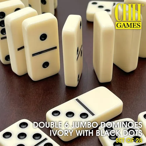 Vista 2 de CHH Black/Cream Color Double 6 Jumbo Size Domino Tiles – Premium Set of 28 Ivory Dominoes – Classic Family Game in Cardboard Box (Pack of 2)