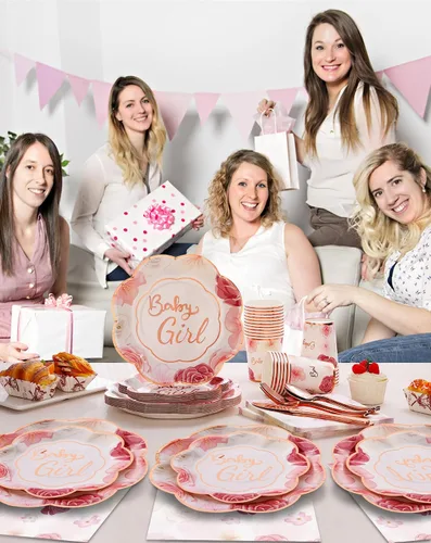Vista 7 de Decoraciones para Baby Shower Girl - Juego de platos, tazas y servilletas para baby shower, sirven 24, platos festoneados florales rosas