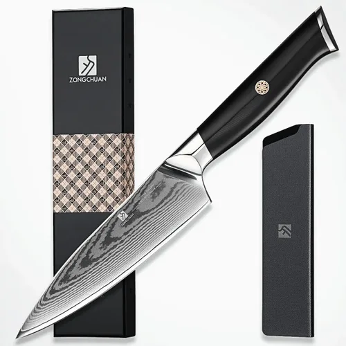Vista 11 de Cuchillo de chef de Damasco de 8 pulgadas, cuchillo de cocina de acero inoxidable de alto carbono de 67 capas con mango ergonómico G10, funda
