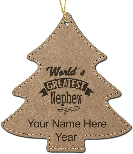 Vista 3 de LaserGram Adorno de Navidad personalizado, sobrino más grande del mundo, piel sintética, idea de regalo grabada con láser personalizado