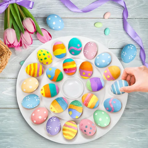 Vista 4 de Foraineam Bandeja de huevos de porcelana de 12.6 pulgadas, plato de huevo blanco con 25 compartimentos Dishwasher & Oven Safe, Easter Egg Holder