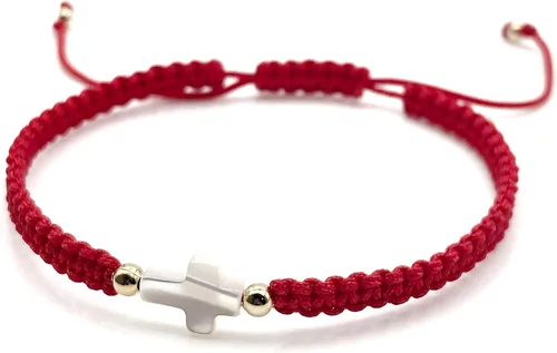 Vista 4 de Pulsera ajustable tejida a mano con cruz de nácar - Joyería espiritual para mujer