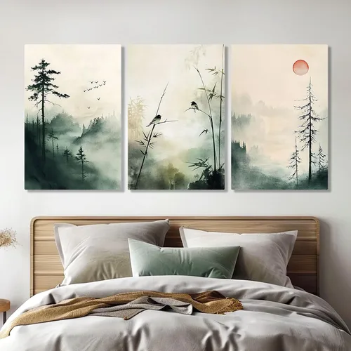 Vista 2 de Sutanun Lienzo de paisaje abstracto japonés para pared, impresión de bosque brumoso verde de tres paneles con pájaros y árboles, arte minimalista