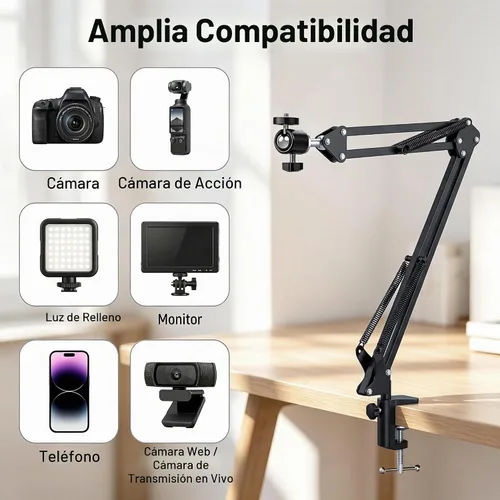 Vista 2 de Montura de trípode sobre la cabeza para cámara, webcam y anillo de luz, brazo flexible sobre la cabeza para iPhone con soporte para teléfono