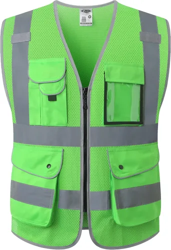 Vista 55 de JKSafety Chaleco de seguridad frontal con cremallera de alta visibilidad Clase 2 de 9 bolsillos con tiras reflectantes, cumple con las normas