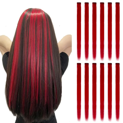 Vista 6 de 12 piezas de extensiones de cabello de color rosa intenso - Lisas multicolor con clip - 20 pulgadas arcoíris - Regalos para niños/mujeres - Fiestas
