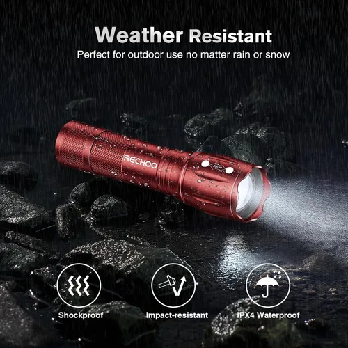 Vista 4 de RECHOO Paquete de 2 linternas LED rojas, linternas tácticas de alto lúmenes con 3 modos, linterna pequeña de bolsillo, linternas impermeables