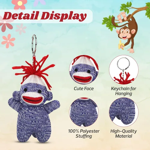Vista 3 de Sock Monkey Llavero de 4 pulgadas – Color del peluche Sockiez – Lindo llavero accesorios Azul