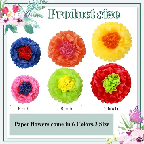 Vista 2 de Tallew 18 piezas de papel mexicano flores de papel de seda coloridas para fiesta mexicana primavera floral telón de fondo de fiesta de baby shower