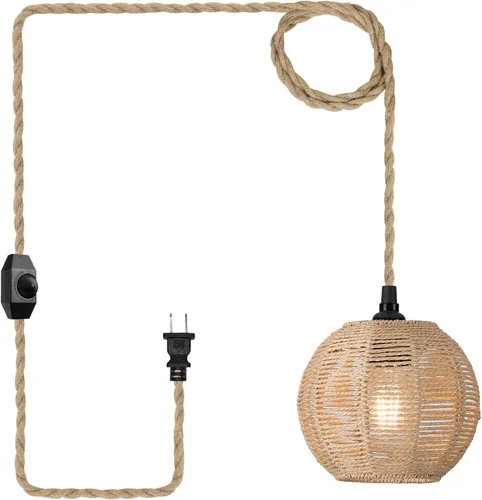 Vista 8 de Lámpara Colgante Enchufable de 15 pies con Cable, Interruptor Regulable, Lámpara Colgante de Ratán con Mimbre Tejido a Mano, Candelabro Enchufable