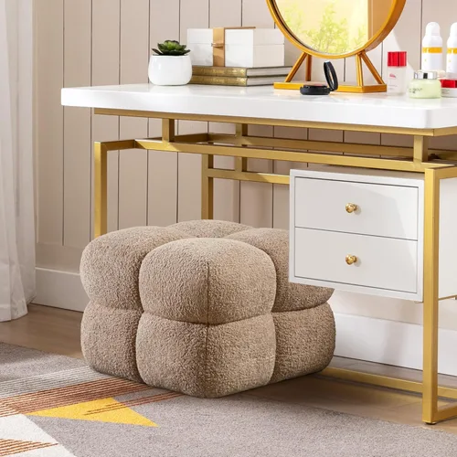 Vista 9 de Taburete otomano cuadrado, mesa de centro otomana Boucle con cobertura completa, taburete de tocador moderno, puf tapizado con reposapiés para Beige