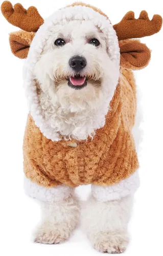 Vista 2 de Disfraz de reno de Navidad para cachorro, disfraz de alce de gato con capucha, abrigo de invierno de Navidad, ropa de Navidad (XL)
