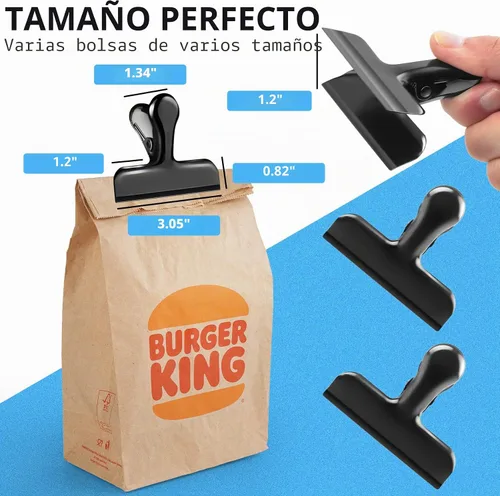 Vista 2 de Pinzas para bolsas, clips de acero inoxidable resistentes, paquete de 8, gran cierre para bolsas de alimentos, ideal para sellar bolsas de café Negro