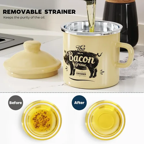 Vista 4 de PGYARD Mini Recipiente para Grasa de Tocino con Colador - Ahorrador de Grasa Esmaltado de 15 Onzas, Guardador de Grasa de Tocino Estilo Granja
