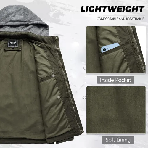 Vista 4 de Chaqueta militar para hombre, casual, de algodón, ligera, rompevientos con capucha extraíble