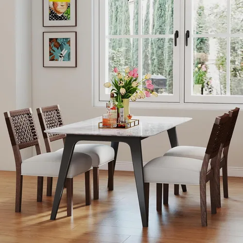 Vista 9 de Juego de 2 sillas de comedor de granja, sillas de comedor tapizadas con respaldo tejido a mano, asiento acolchado suave y patas de madera Beige