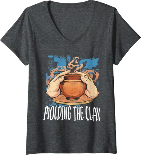 Vista 4 de Camiseta con cuello en V para mujer Moldeando la arcilla Pottery Ceramics Artiste, Negro