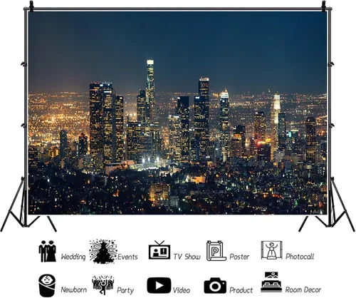 Vista 3 de AOFOTO Telón de fondo moderno de 5 x 3 pies con vista nocturna de Los Ángeles, rascacielos del centro de Estados Unidos, California, luces urbanas