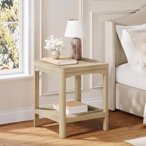 Vista 17 de Eclatara Mesitas de noche de ratán, mesa auxiliar de 2 niveles para dormitorio, mesa auxiliar de polígono decorativa para espacios pequeños, mesa