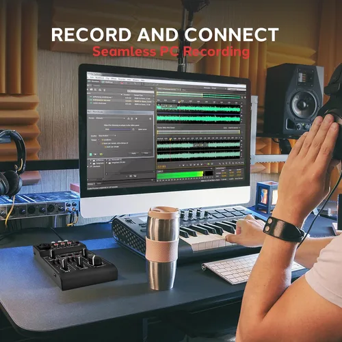 Vista 2 de Pyle Mezclador de audio Bluetooth de 3 canales - Controlador de sonido DJ e interfaz de tarjeta de sonido USB para grabación de PC, entrada XLR