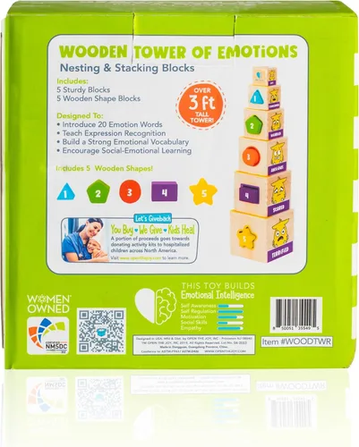 Vista 8 de Open The Joy Torre de emociones de madera - Juguete de aprendizaje emocional apilable para niños pequeños 5 bloques de cara de emoción + 5 bloques