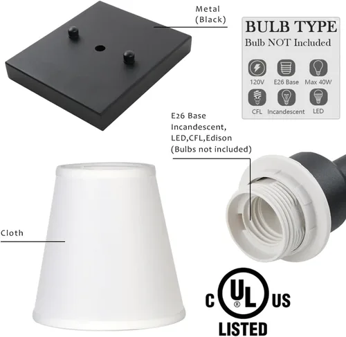Vista 5 de Pathson Juego de 2 apliques de pared de baño cableados con pantalla de tela blanca, iluminación de pared de tela para sala de estar, dormitorio