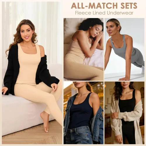 Vista 5 de Conjuntos de ropa interior térmica para mujer, pantalones largos de forro polar, capa base térmica, para clima frío, conjunto de camiseta e inferior