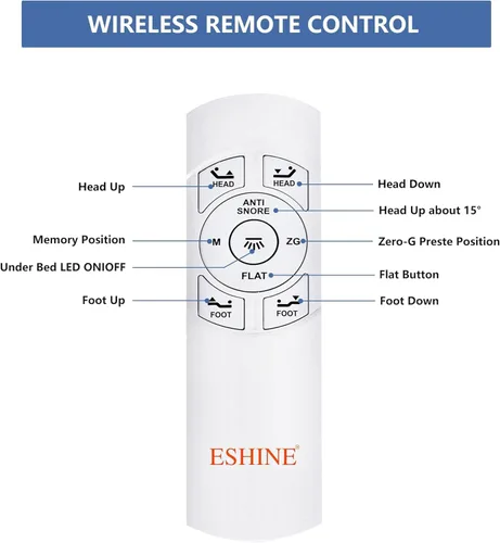 Vista 5 de ESHINE - Marco de cama ajustable con control remoto inalámbrico, inclinación de cabeza y pie, patas ajustables con rueda, barandilla de cama, base