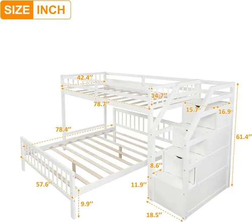 Vista 2 de Merax Litera de madera maciza de tamaño individual sobre matrimonial con 3 almacenamiento, cama alta de madera y marco de cama de plataforma, se