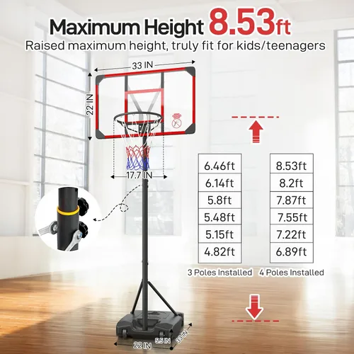 Vista 2 de Yohood Kids Basketball Hoop Outdoor 4.82-8.53ft Adjustable, Portable Basketball Hoops & Goals for Kids/Teenagers/Youth in Backyard/Driveway/Indoor