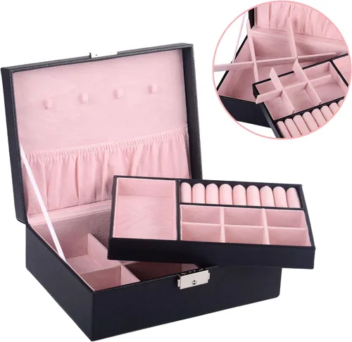 Vista 2 de Kendal 2 bandejas de cuero negro viaje joyero caja organizador de almacenamiento con cerradura LJT004BK