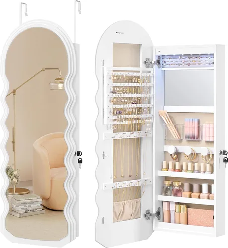 Vista 9 de SONGMICS Organizador ancho de joyas, armario LED para joyas montado en la pared/puerta, espejo arqueado con almacenamiento, con cerradura, esquina
