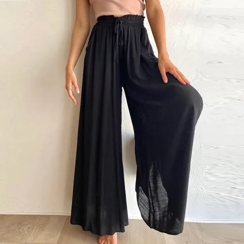 Vista 2 de Pantalones de pierna ancha para mujer, cinturón elástico, color sólido, pantalones palazzo, básicos, elegantes, culotte largo con bolsillo, S-2X