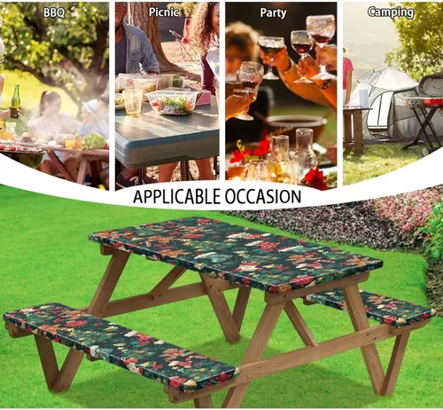 Vista 5 de Juego de 3 calcetines de árbol de Navidad de dibujos animados y galletas, funda de mesa de picnic ajustable con funda de banco, manteles Calcetines