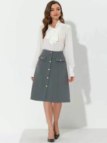 Vista 3 de Allegra K Falda formal hasta la rodilla con botones frontales para mujer