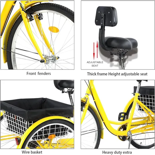 Vista 5 de Triciclo para adultos de 24/26 pulgadas, bicicleta de 7 velocidades y 3 ruedas para hombres y mujeres, triciclo de crucero con asiento ajustable