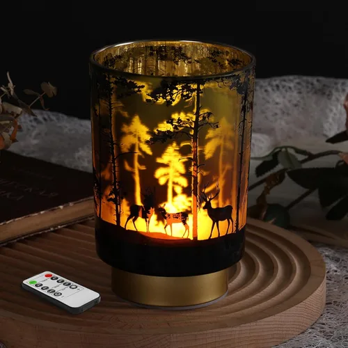 Vista 16 de Eywamage Pequeña lámpara de mesa con pilas con control remoto, lámpara de cristal inalámbrica de ciervo del bosque para dormitorio, sala de estar