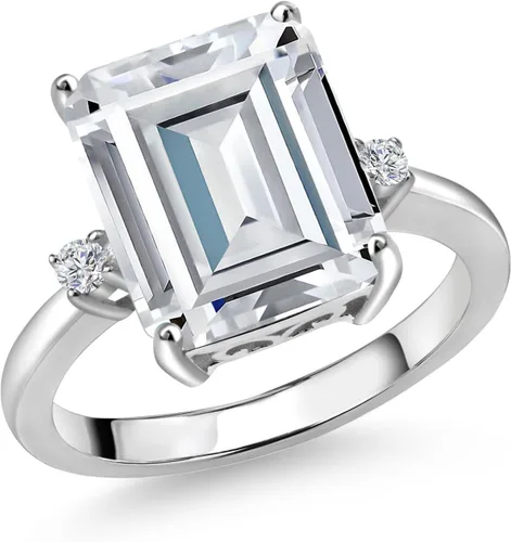 Vista 7 de Gem Stone King 5-7 Cttw Gemstone Birthstone and White Lab Grown Diamond 3-Stone Engagement Ring 925 Sterling Silver Center Emerald Cut 12X10MM