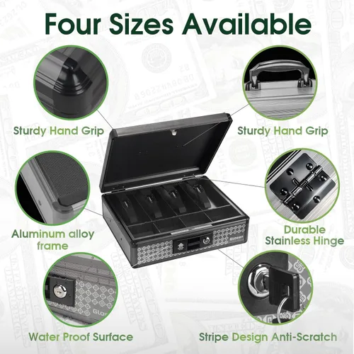 Vista 4 de Glosen Caja de efectivo con cerradura, caja de dinero con cerradura de llave y bandeja extraíble para monedas de 8.85 x 5.3 x 11.8 pulgadas