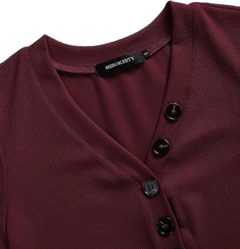 Vista 5 de MEROKEETY Camisetas básicas de manga corta con cuello en V y botones acanalados para mujer
