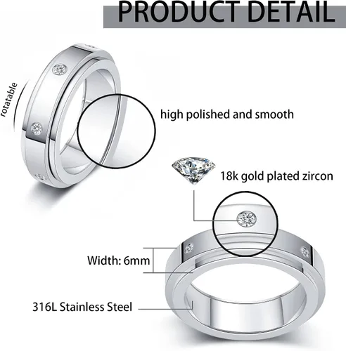 Vista 5 de Titanium Stainless Steel Spinner Rings Cubic Zirconia Stones Anxiety Rings Fidget Band Rings for Women Men Relieving Anxiety Wedding Promise Comfort
